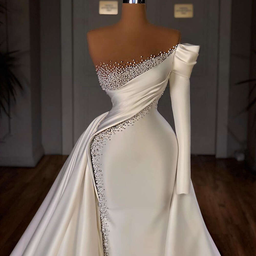 Stevditg Elegant Women Wedding Fashion Mode One-Shoulder Pearls Mermaid Jurken Court Train Witte Satijnen Bruid Jurk 2023