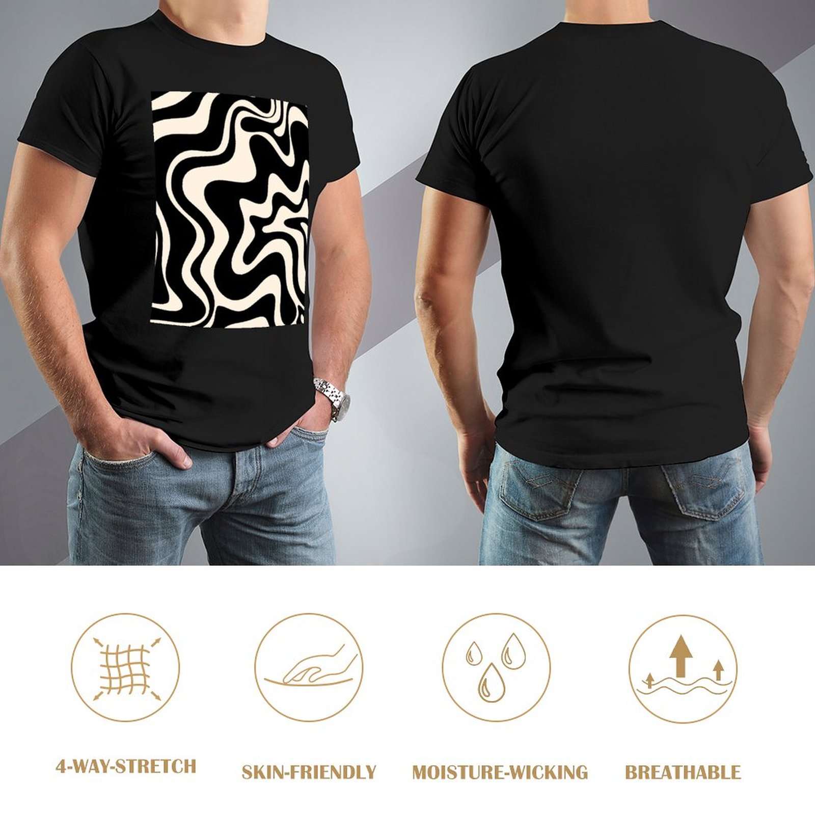 黒とアーモンドクリームのTシャツブラウススポーツファンTシャツ特大TシャツメンTシャツのレトロリキッドスワール抽象抽象パターン