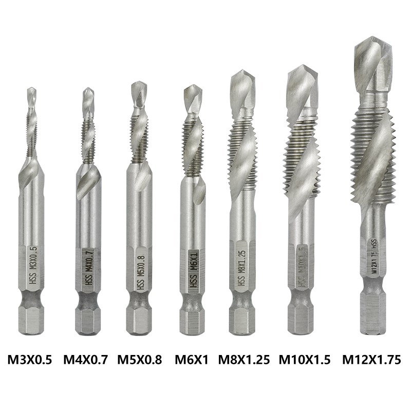 Hex Shank Metric Tap Combined Tap and Drill Spiral Flute HSS Thread Screw Tap Threading Tool M3 M4 M5 M6 M8 M10 M12