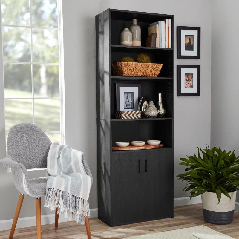 Mainstays Traditional 5 Shelf Bookcase With Doors, Black book shelf furniture