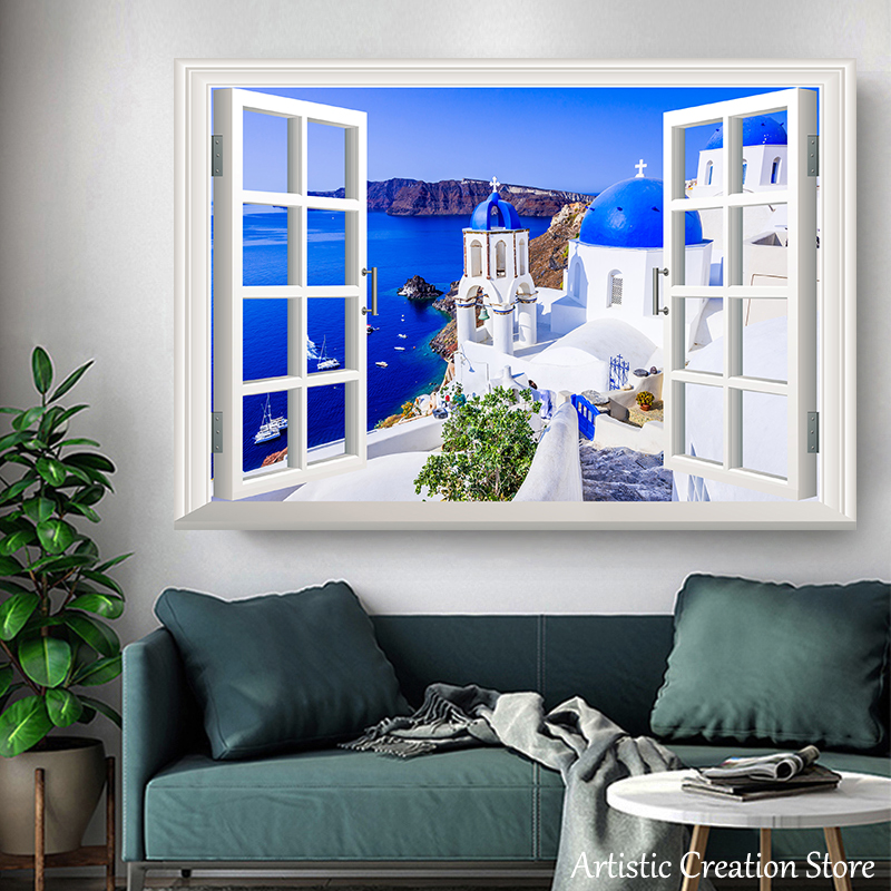 Effetto finestra 3d Visualizza la chiesa santorini in Grecia Poster paesaggio Poster tela Immagini artistiche da parete soggiorno Decorazioni la casa regali