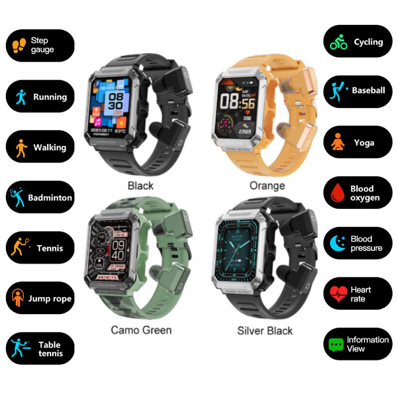 New T93 3-in-1 Sports Smart Watch with TWS Bluetooth-compatible Earphones IP67 Waterproof Heart Rate Health Monitor SmartWatch