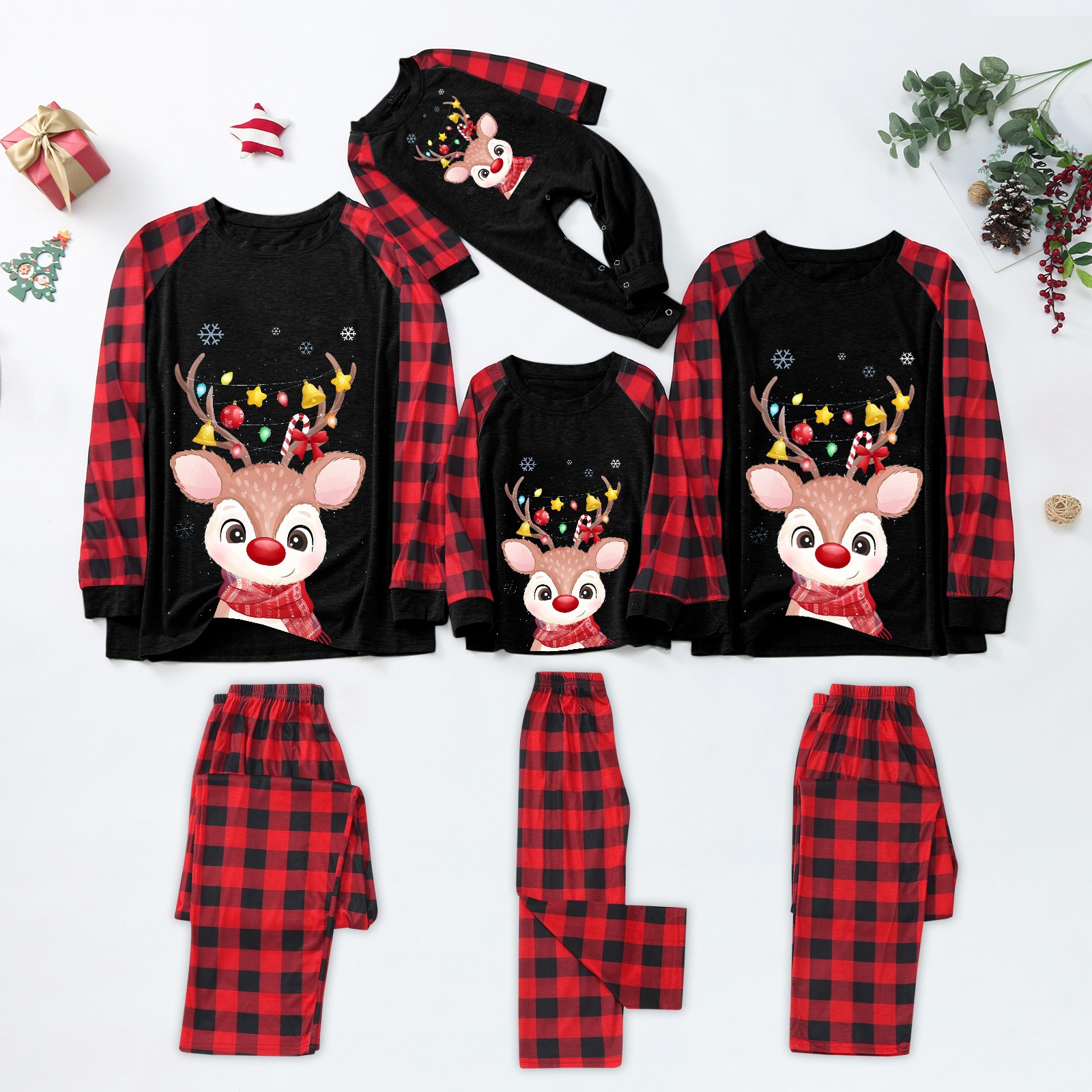 Ouder-kind dames moeder pak kerst dames herten plaid print tops en broek kleding set xmas familie zijden pyjama set familie