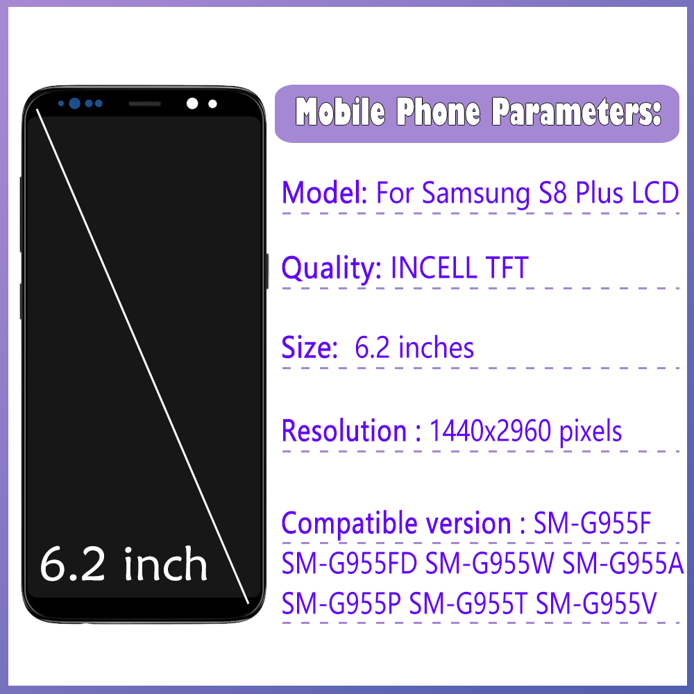 TFT di alta qualità Samsung S8 Plus G955 G955F LCD Visualizza touchscreen con telaio, S8+ Sostituzione del display