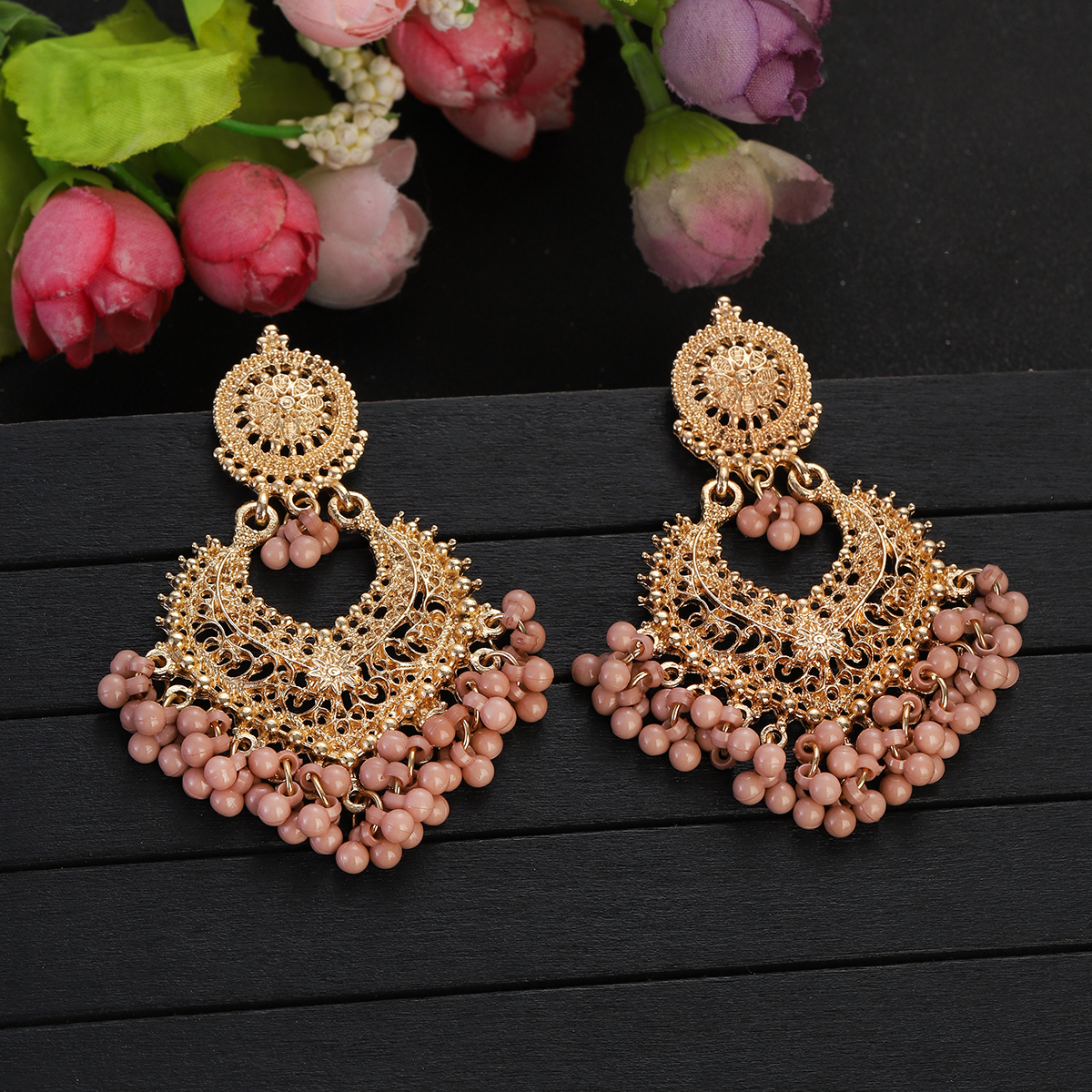 Boho Gold Couleur Coeur Fleurie Fleur Scarrette boules d'oreilles pour femmes Indian Jhumka Boucles d'oreilles rétro Perles roses bijoux Tassel 2023