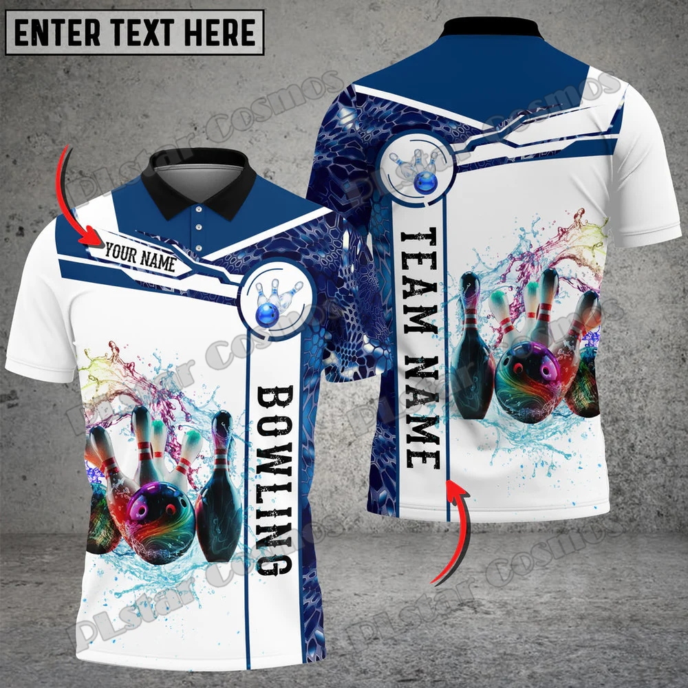 Boule d'eau de bowling bleu et blanc et broches Nom personnalisés 3D Polo Men pour hommes Summer Unisexe Street Casual Shirt Pol98