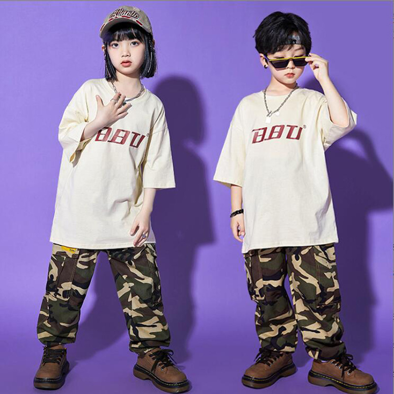 Kids Concert Street Outfit Hip Hop abbigliamento Toppa di magliette bianche pantaloni camo in denim ragazze costume da ballo jazz costumi adolescenti