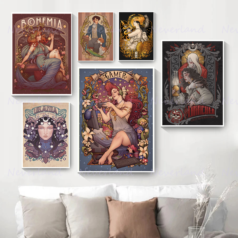 Medeltida aristokratisk stil Art Nouveau Aesthetics Poster Canvas Målning och tryckväggkonst sjöjungfru Bild för rumsheminredning