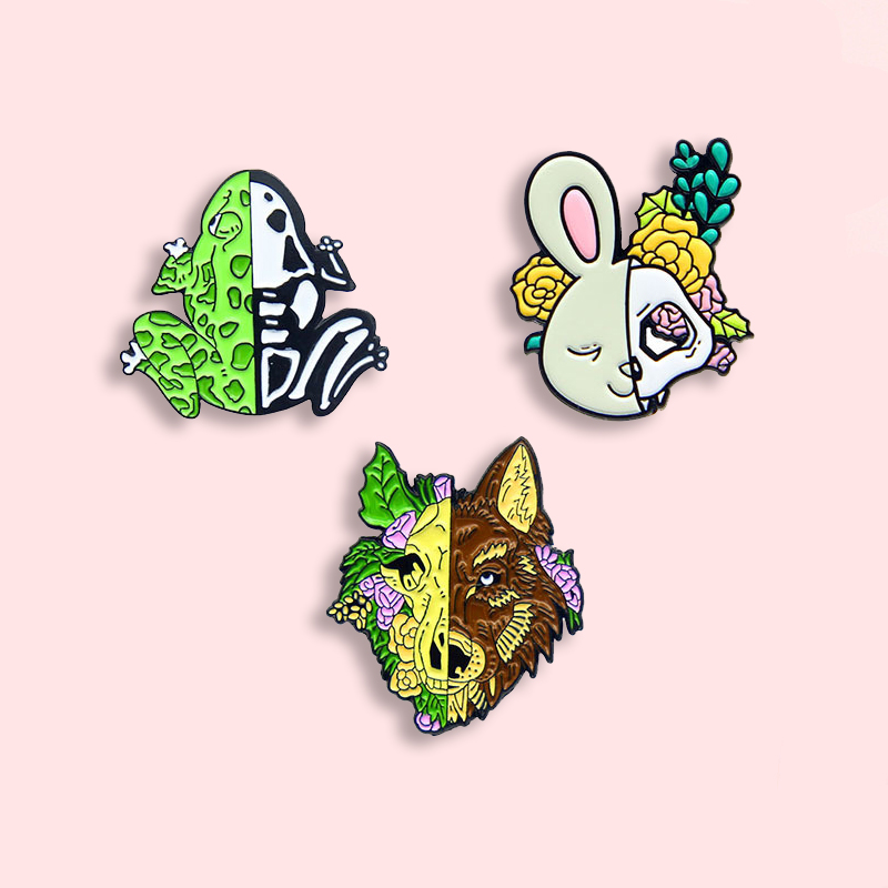 Cute Animal Enamel Pins Wolf Rabbit Frog Double Sided Dance Brooch Leaf Flower Bag Badge Jewelry Gift for Friends