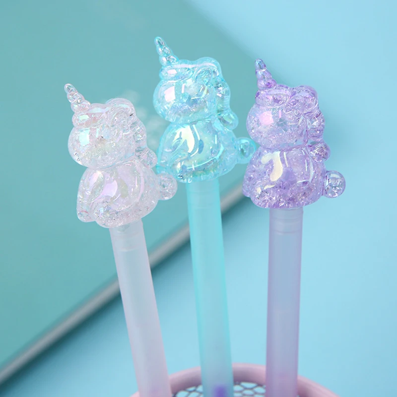 PENEN Nieuwheid schattig Crystal Unicorn Pens Funny Laser Acryl Kawaii Ballpoint Stationery School Black Blue Ink Kawai Thing spul