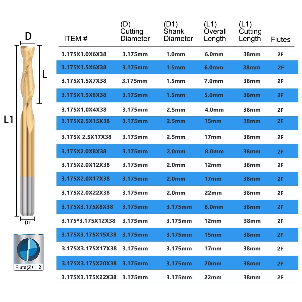 End Mill 2 Flute Sprial CNC Router Bits 3.175 Shank Flat Milling Cutter Titanium Coated Carbide Milling Tools