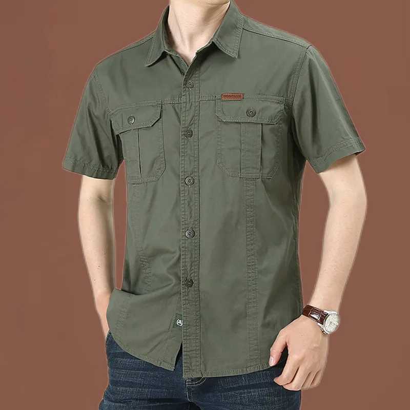Męskie koszulki 2022 Nowa letnia dżinsowa koszula męska na krótkie rękodzie 100% bawełniane wojskowe swobodne koszulę na świeżym powietrzu i odzież rybacka Plus w rozmiarze J240409