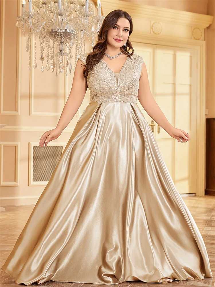 Urban Sexy Dresses Lucyinlove Plus Size Luxury Gold Satin V-Neck Evening Dress Women Satin Wedding Party Prom Floor Lenght Cocktail Dress Gowns 240410