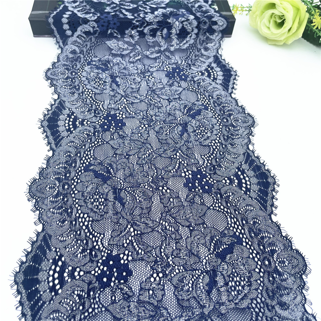 3yWidth 22.50cm Dark Blue Silver Elastic Eyelash Lace Trim For Skirt Hem Underwear Sewing Craft Wedding Apparel Fabric Lace