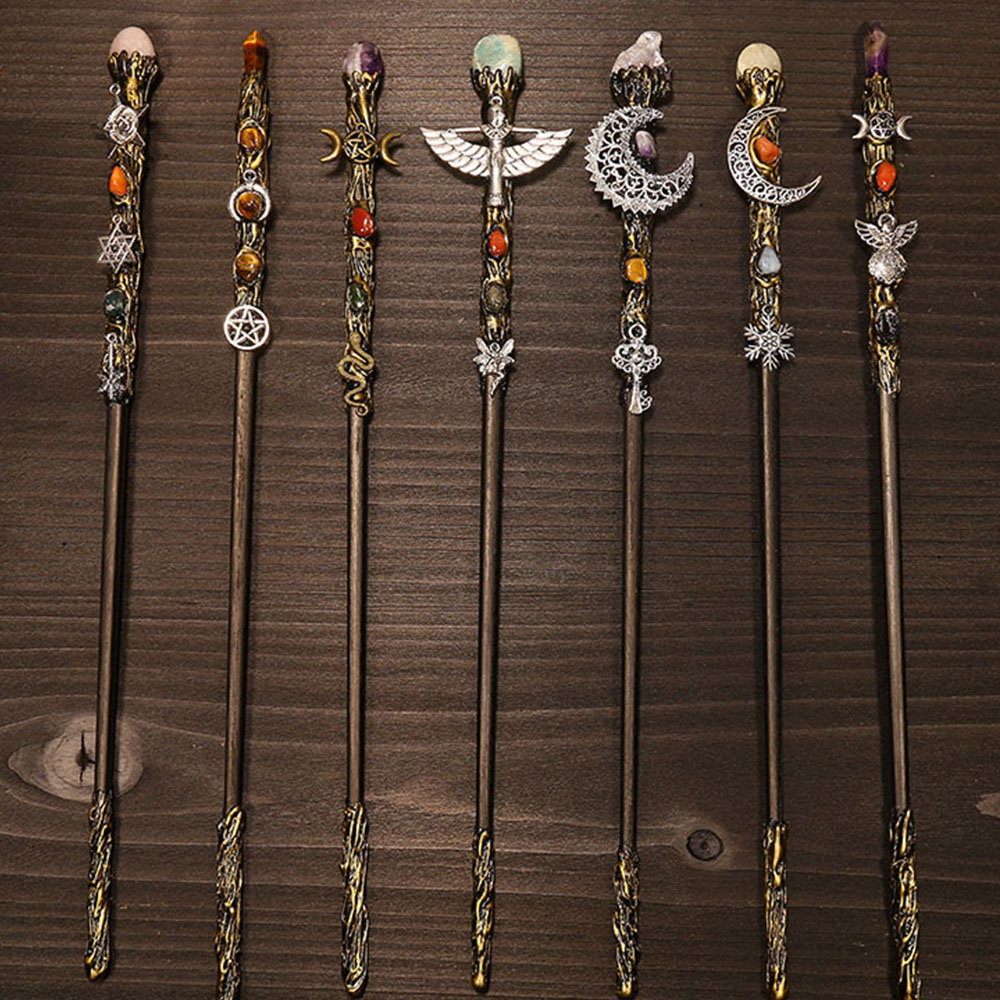 Naturalny kryształ berło Wiccan Wand Magic Altar Ornament Vintage Fairy Wood Stick Akcesoria ręcznie robiony unikalny prezent biżuterii