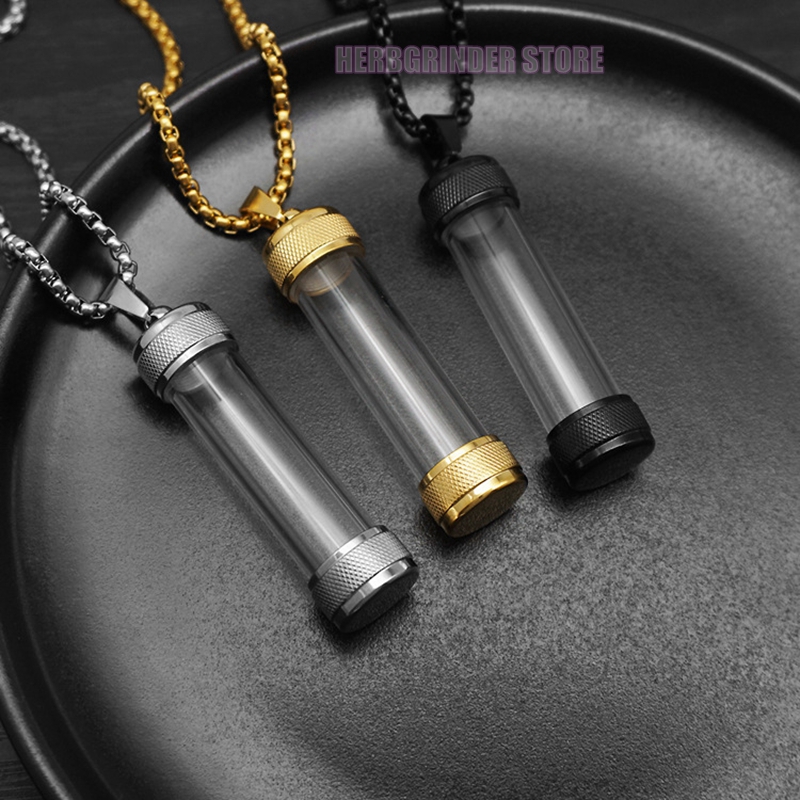 Colorful Smoking Necklace Stainless Steel Pendant Acrylic Storage Container Snuff Bottle Pill Spice Miller Herb Tobacco Stash Case Pill Cigarette Holder Jar