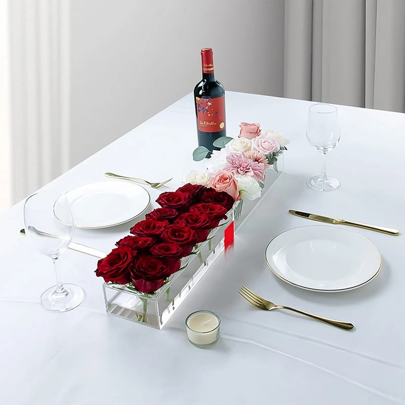 Transparent rektangulär akrylblomma vas mittpunkt klar lång modern dekorativ vaser bröllop hem rum bordsdekoration