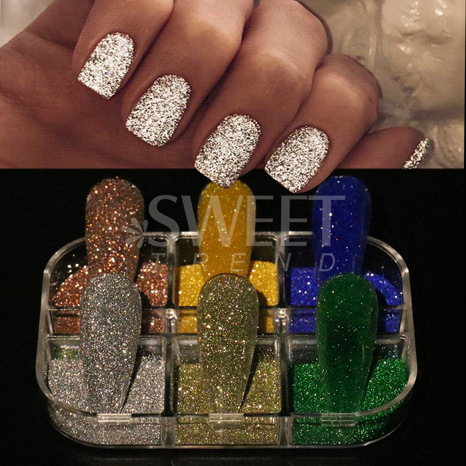 6 grades reflexivo glitter flash unha pó prata rosa diamante lantejoulas poeira gel glitter conjunto acessório holográfico francês sas85