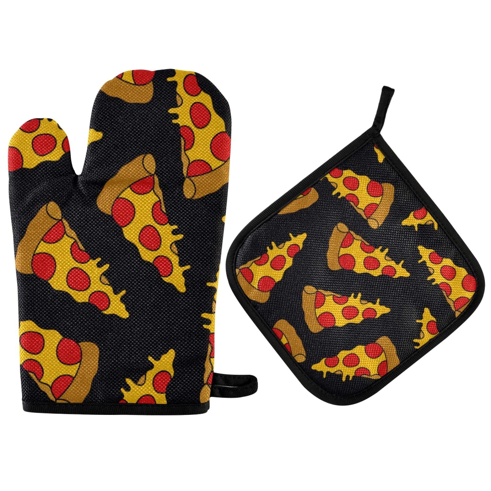 Pepperoni Pizza Heat-Resistant Oven Mitts and Pot HolderTexture Kitchen Non-Slip Cooking Microwave Gloves for Cooking Baking