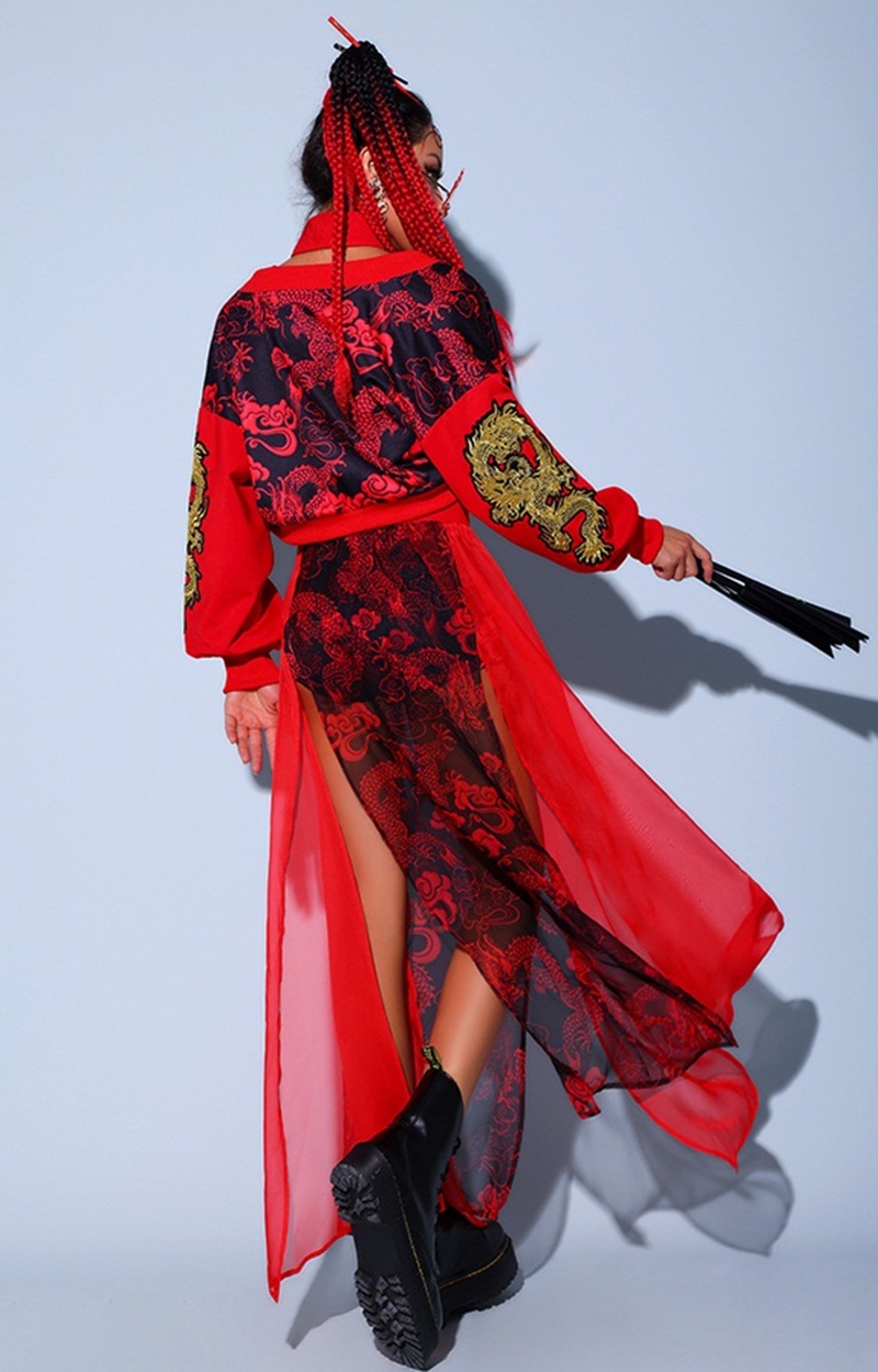 الملابس الصينية للنساء Gogo Dance Performance ملابس Red Festival ملابس الهيب هوب للبالغين الأزياء المسرحية
