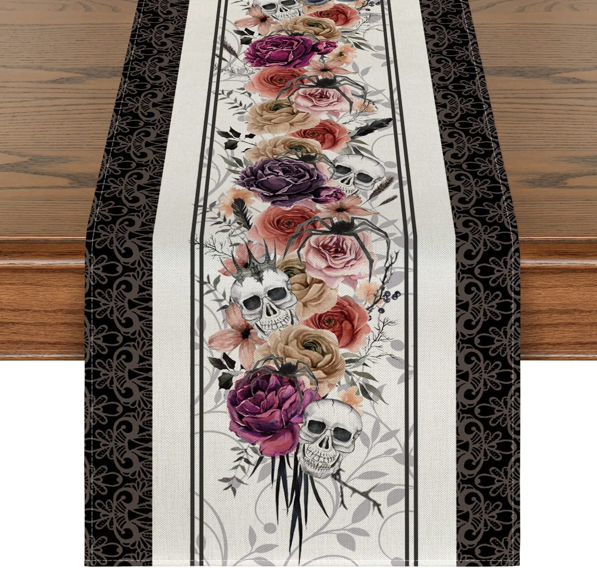 Artoid Mönster Rose Skull Day of the Dead Table Runner Spider Web Halloween Autumn Kitchen Table Decor Outdoor Home Party