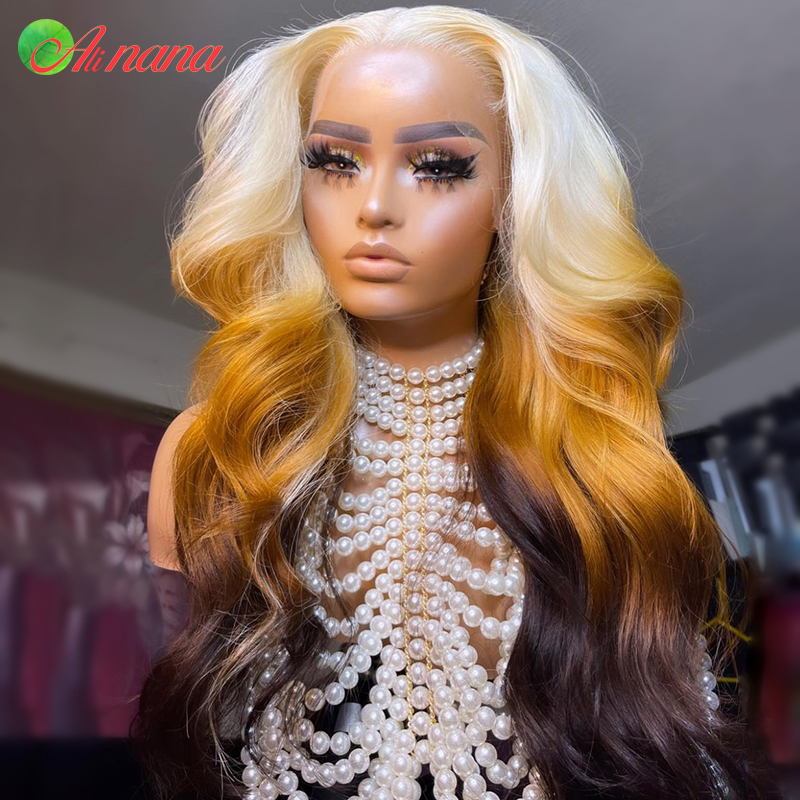 613 LACA LACA CRONTO BRONTAÇÃO CORPO DE PERTULAÇÃO 613 ombre amarelo marrom 13x4 Lace Frontal Human Human Wigs para Mulheres Negras Cabelo Humano