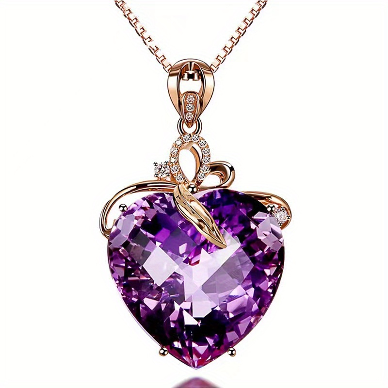 Collier pendentif à coeur amethyste - Élégant Symbe d'amour de ton or de la Saint-Valentin pour elle