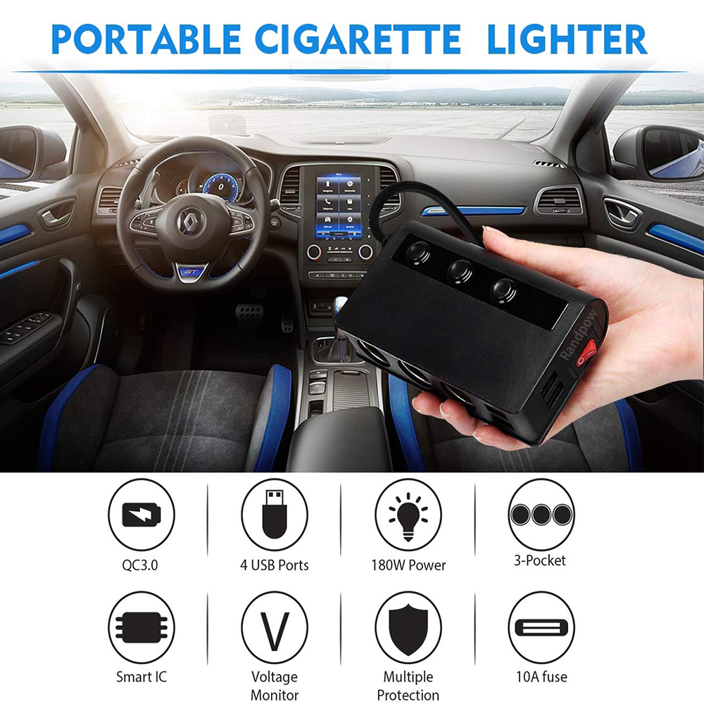 Randpow Leichter QC3.0 4 USB Port Car Ladegerät USB -Ladegerät 180W Zigarette Leichter Adapte Auto Power Adapter Typ C Sockel Splitter