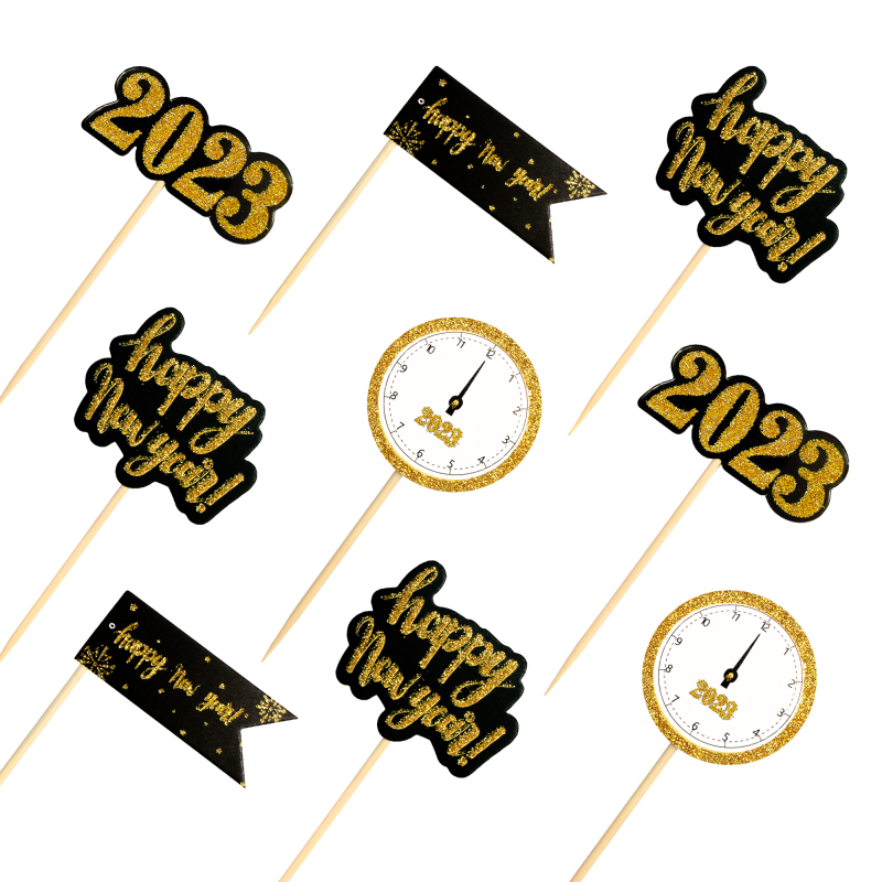 / set Happy New Year Cake Flags Clock 2024 Christmas Cake Topper Noël