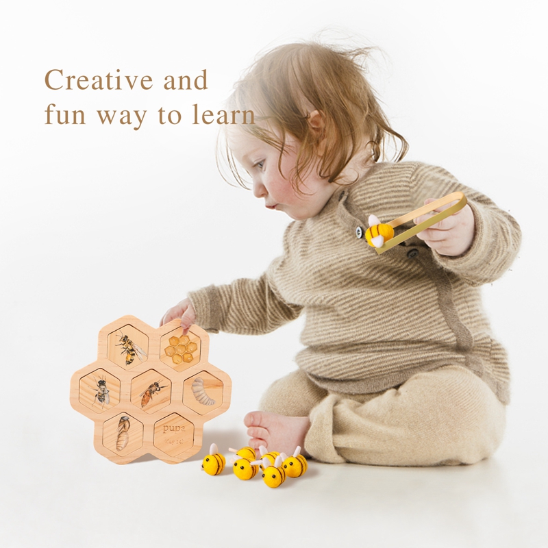Montessori Bee Board Wood Toys Baby Tidiga pedagogiska leksaker Baby Color Sortering Sensory Wood Toy Clip Beads Games Gift