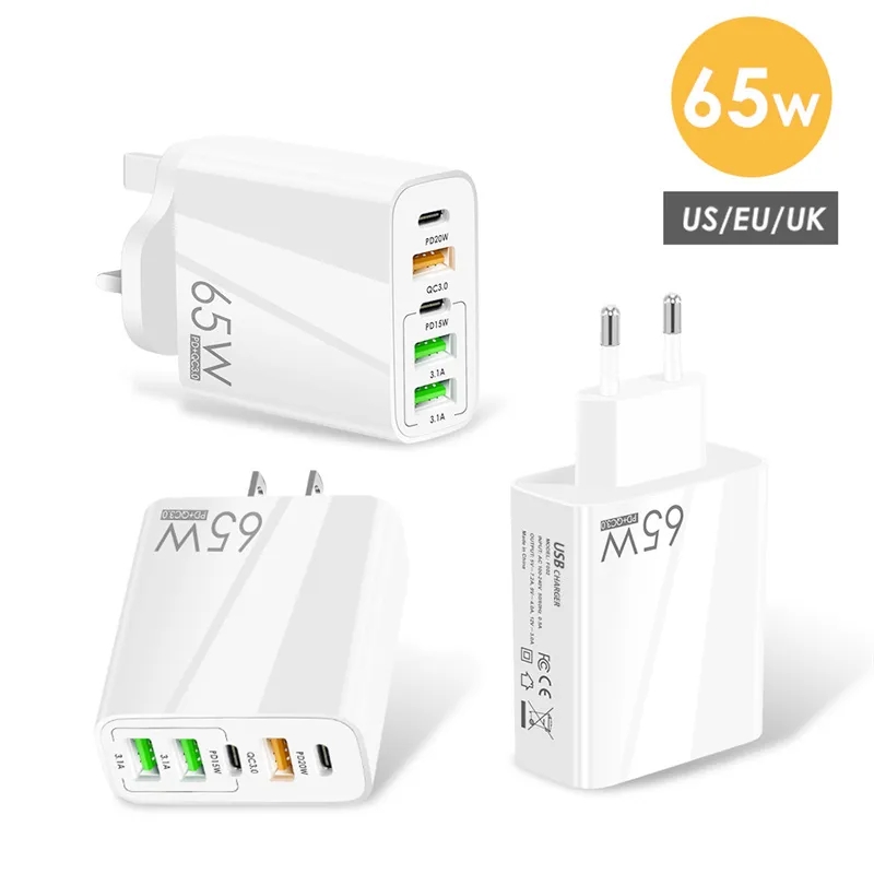 65W PD USB Type C Charger Quick Charge 3.0 5 Port Phone Charger Adapter For iPhone 12 13 14 Pro max Samsung Xiaomi Huawei Phone Adapter US EU UK plug with box