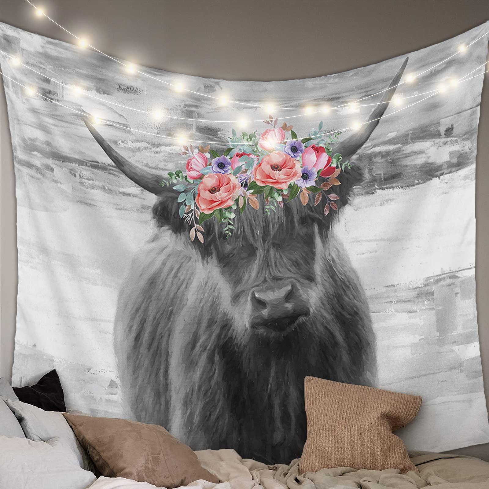 牛のタペストリー、面白いハイランドウォールアートタペストリー、西部の田舎の動物の素朴な雄牛農家の装飾タペストリーウォールハング