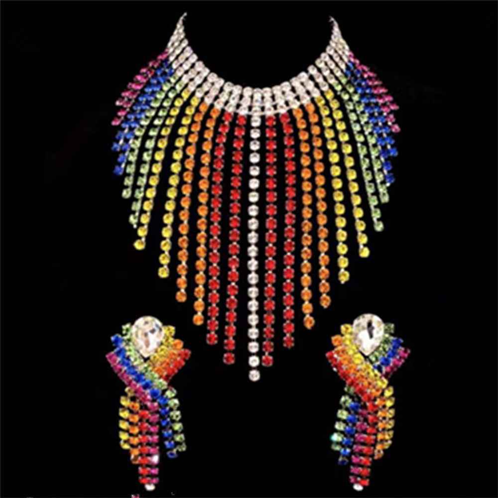 Luxury Crystal Mixed Color Geometric Tassel Big Choker Necklace and Earring Set for Women Rhinestone Bridal Collar Jewelry Sets