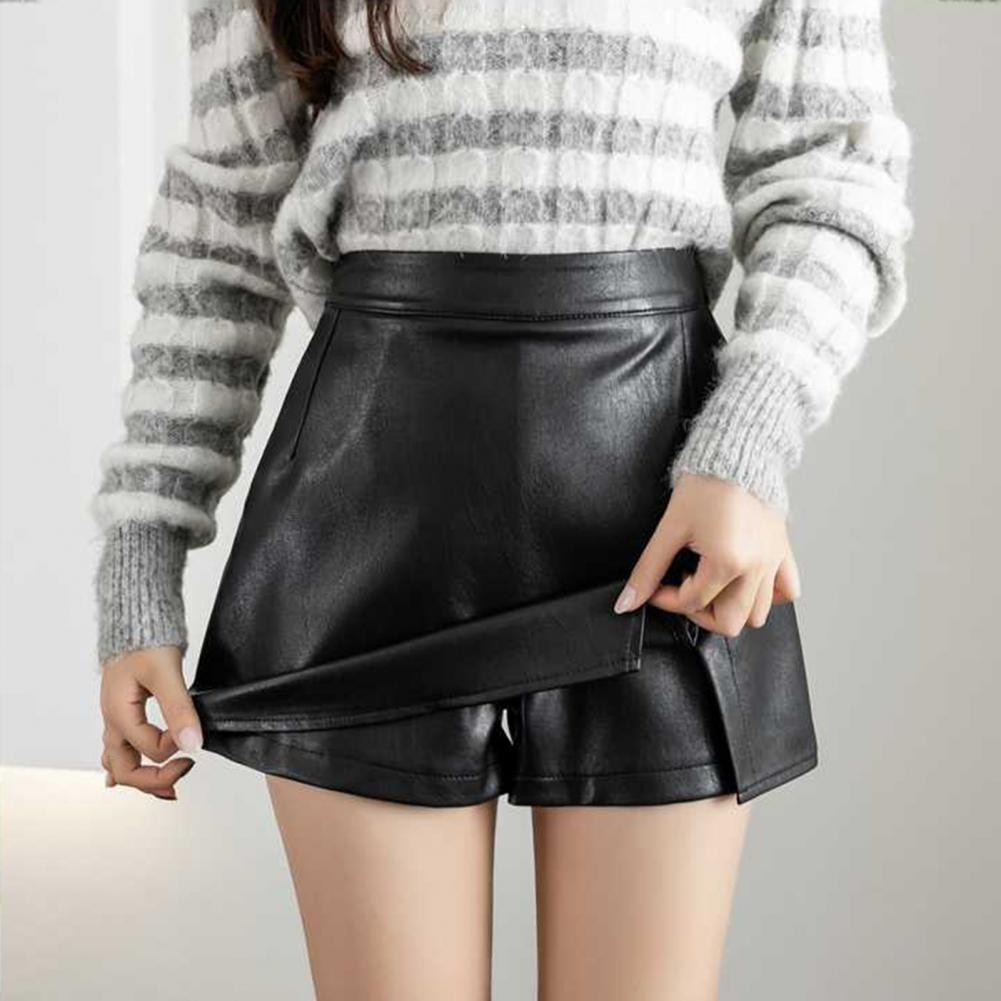 Skórzana krótka spódnica Kobiety Fałszywe dwuczęściowe spodenki Seksowne rozłam Slim Slim Talle A-Line Mini spódnica Vintage Harajuku Spódnica