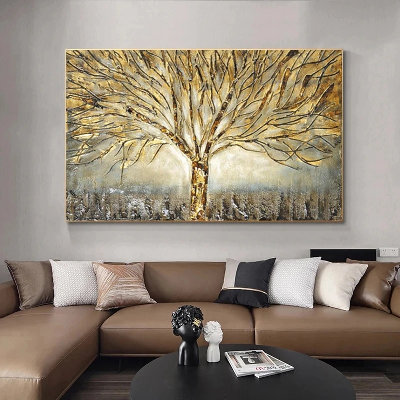 Estratto Gold Tree Wall Art Poster Stampe Paesaggio di tela di pittura Arti delle pareti soggiorno Casa CuaDros Decorazione