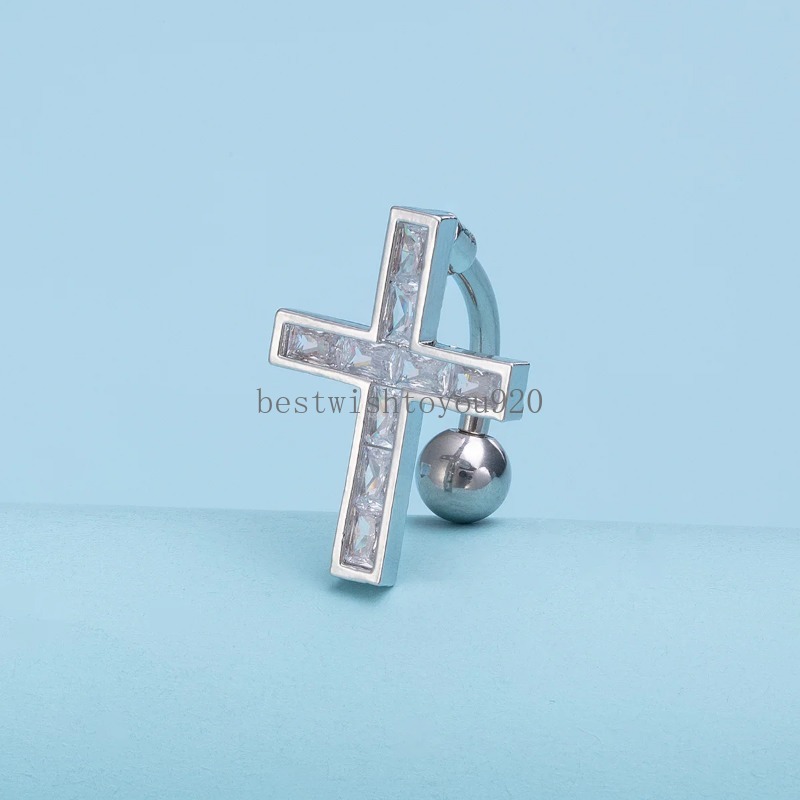 Cross Belly Button Rings Curved Barbell Navel Piercing for Women Zircon Stainless Steel Bar Sexy Belly Ring Body Jewelry 14G