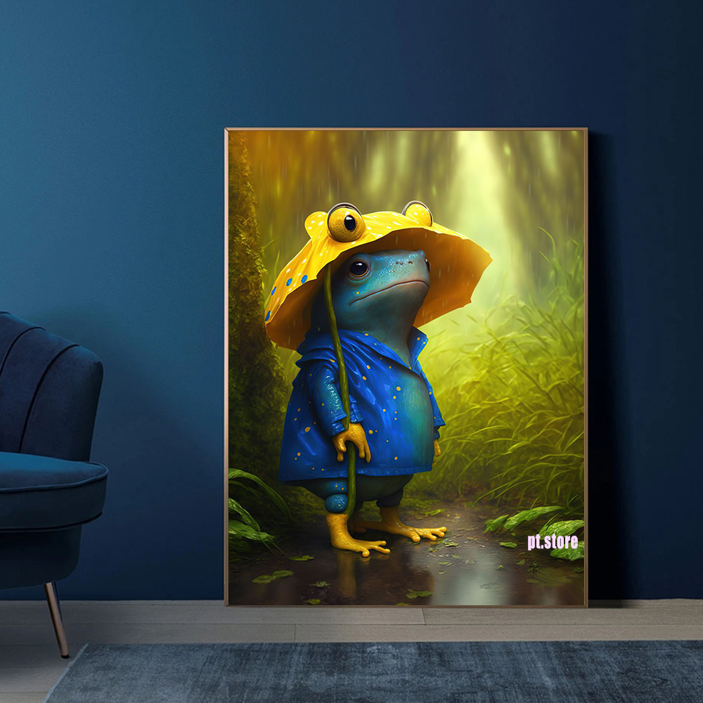 Be Happy Frog Rain Poster Cute Frog In Raincoat Umbrella Animal Prints Canvas Painting Home Kids Room Decor Wall Art Pictures