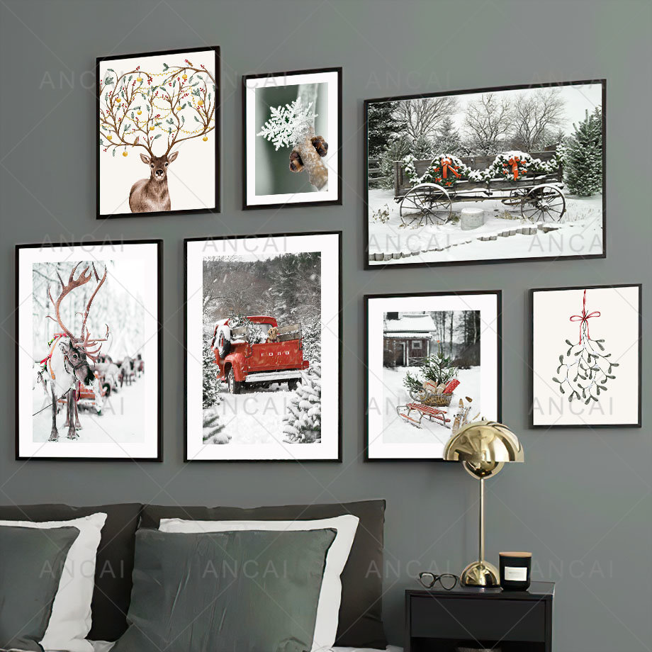 Christmas Red Car Girft Box Deer Snowflake Wall Art Canvas PEINTER NORDIQUES Affiches et images imprimées pour décoration de salon