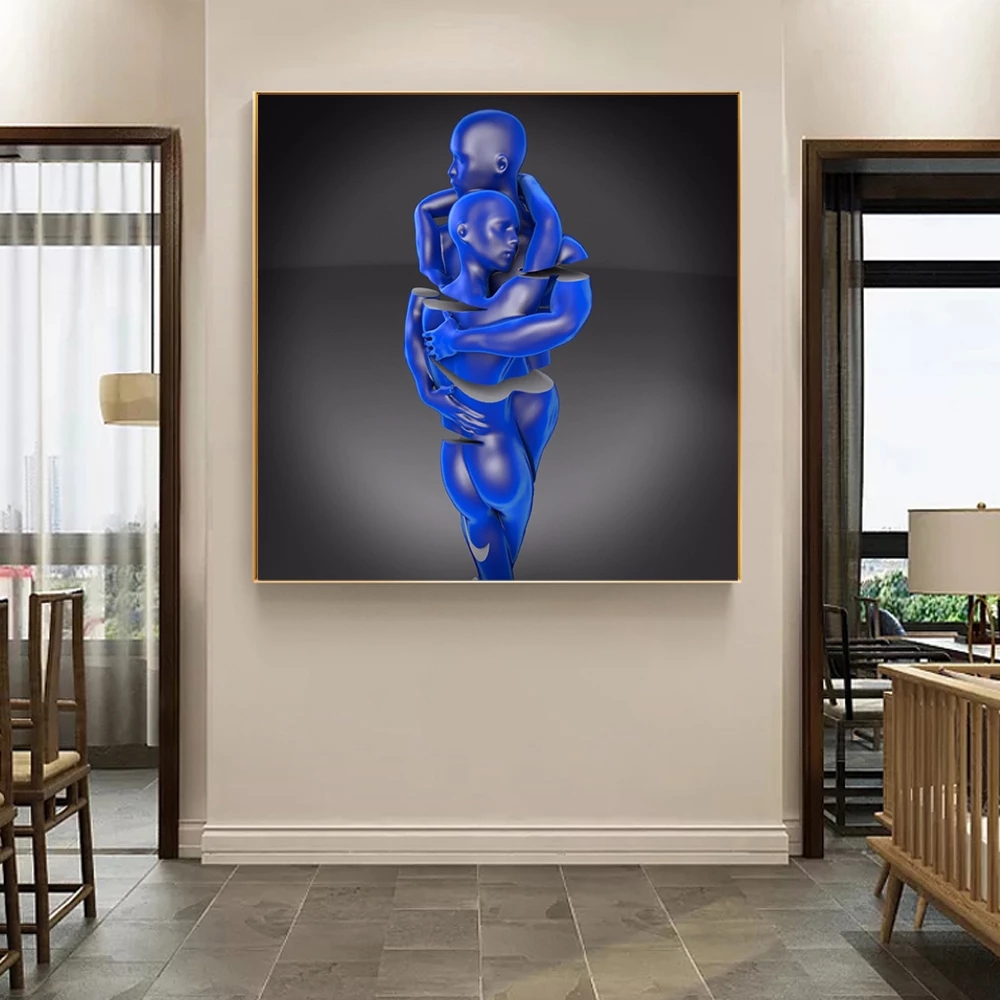 Blue Metal Figure Statue Canvas Painting Wall Art Romantic Abstract Couple Hug Sculpture Poster Print Interior Modern Home Decor