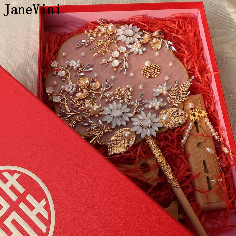 Janevini Luxury Ice Blue Bridal Fan estilo chinês Crystal Pearls Madeir