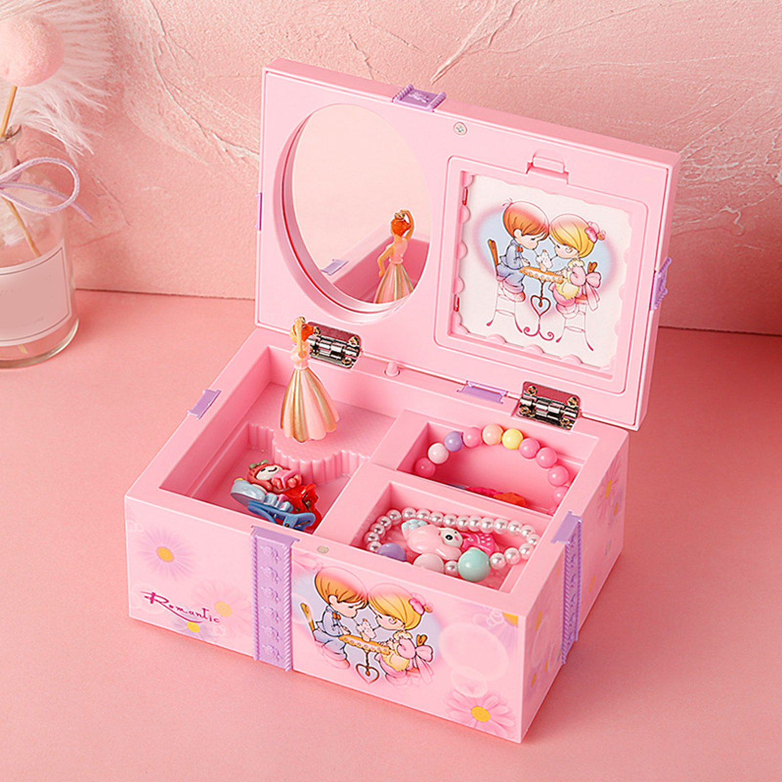 Caixas musicais Caixa de joalheria Crianças Caixa de joalheria Caixa de lembrança de bugiganga com cômoda de tampa para crianças Decoração de aniversários