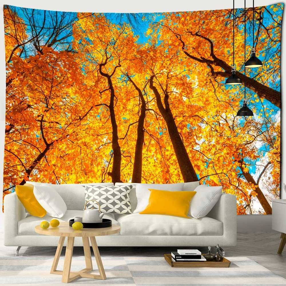 Gün batımı akçaağaç orman yolu goblen hipesleri sarı ağaç yaprağı duvar asılı psychedelic yağ sanat arka plan yatak odası oturma odası süslemeleri r0411