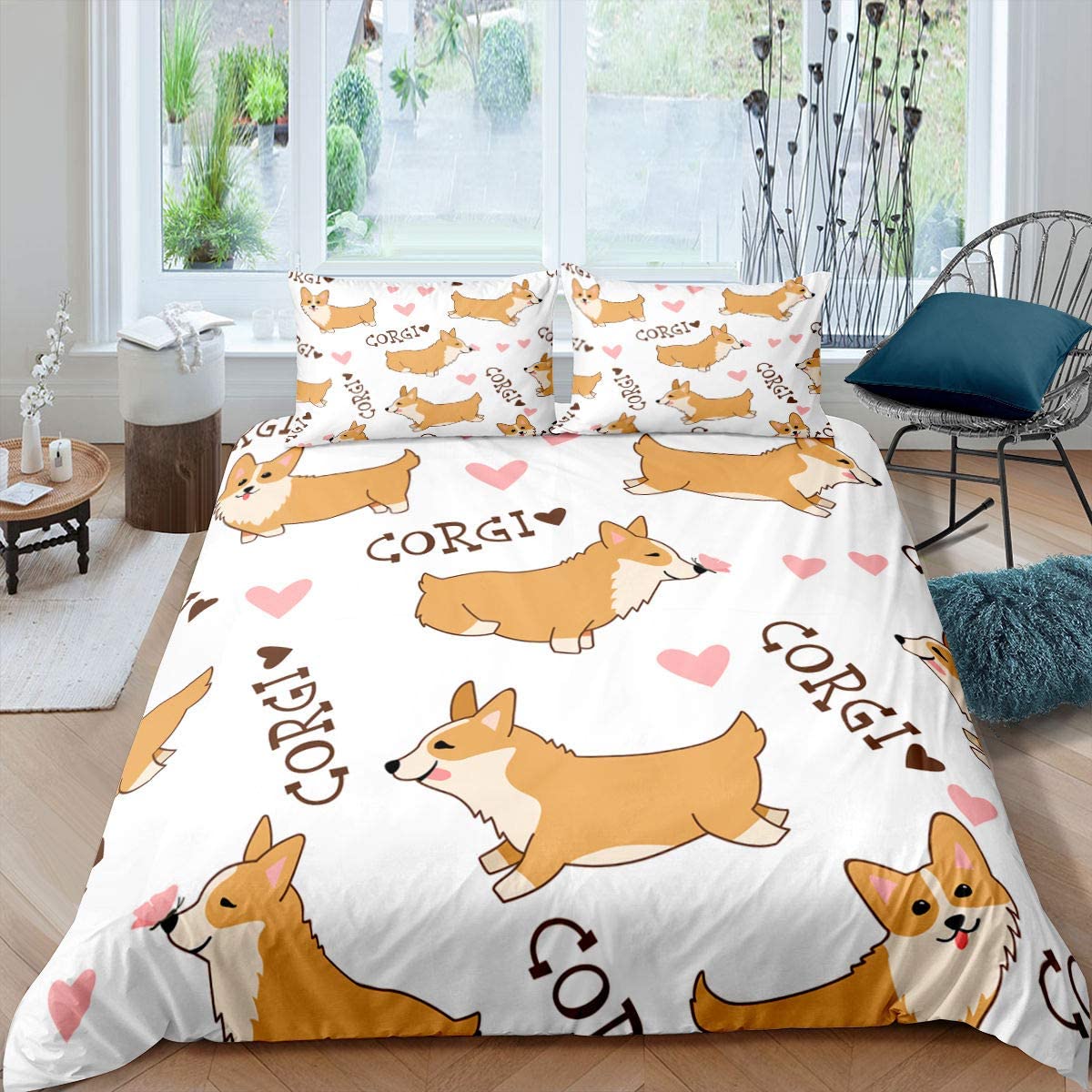 Corgi duvet omslag Set King Queen Size Polyester Comporter Cover för barn pojkar flickor sängkläder set med örngott söt kawaii hund