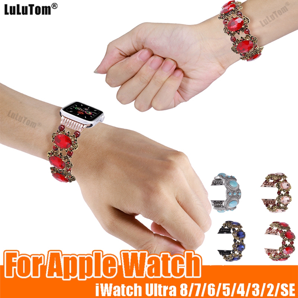 Cinta de pulseira de pedras preciosas vintage para banda de relógio Apple 49mm 38/40/41mm 44/45mm 42mm Luxury Iwatch Series 8 7 6 se 5 4 3 Ultra presente