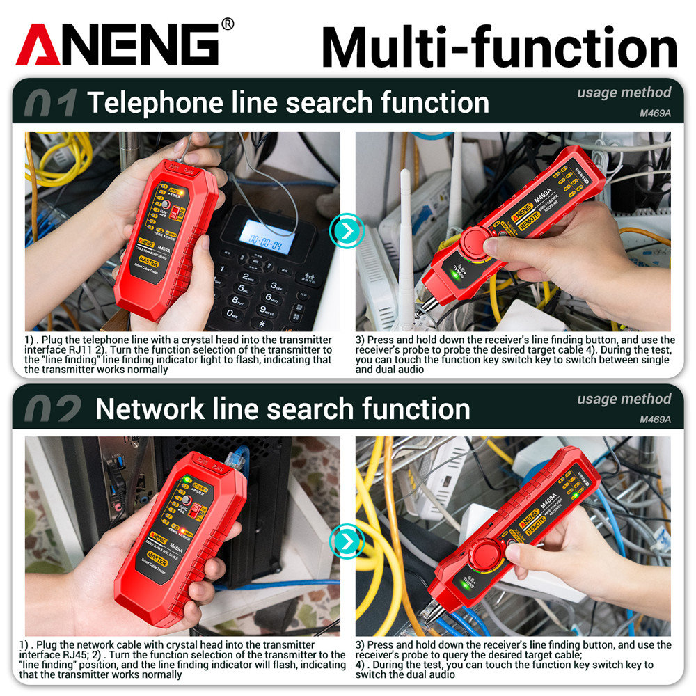 Aneng M469A Измерения кабелей инструмент RJ45 RJ11 Тестовая сеть