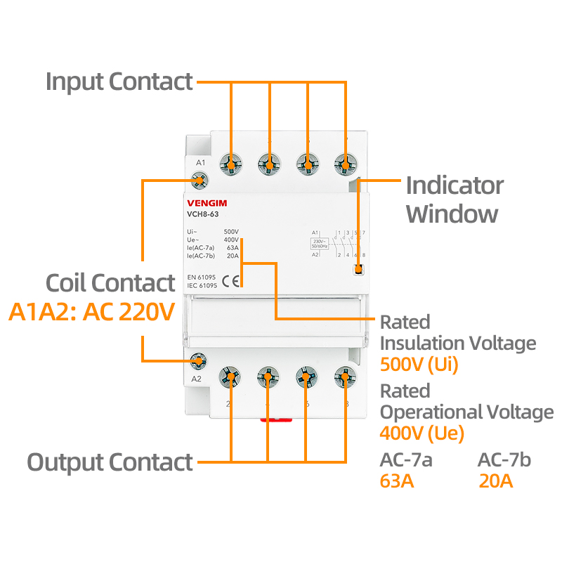 Vengim Din Rail Huishouden AC Modulaire Contactor 4P 63A 220V 400V 4NO 2NO2NC 50/60Hz