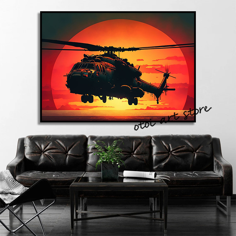Hélicoptère moderne vintage avec coucher de soleil Paysage Aircraft Fighter Affiches toile PEINTURE PEINTURE MUR PRIMES PATO