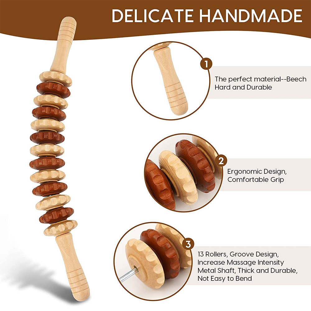 's houten therapie massagetools, draagbare handmatige houten massage houten rugmassage roller touw, houten massagerakroller