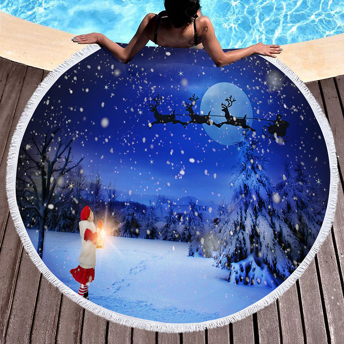 Couverture de la plage de Noël ronde, beau sapin de Noël dans la neige calme surdimensionnée rond de la plage rond Batteur de bain serviette de yoga