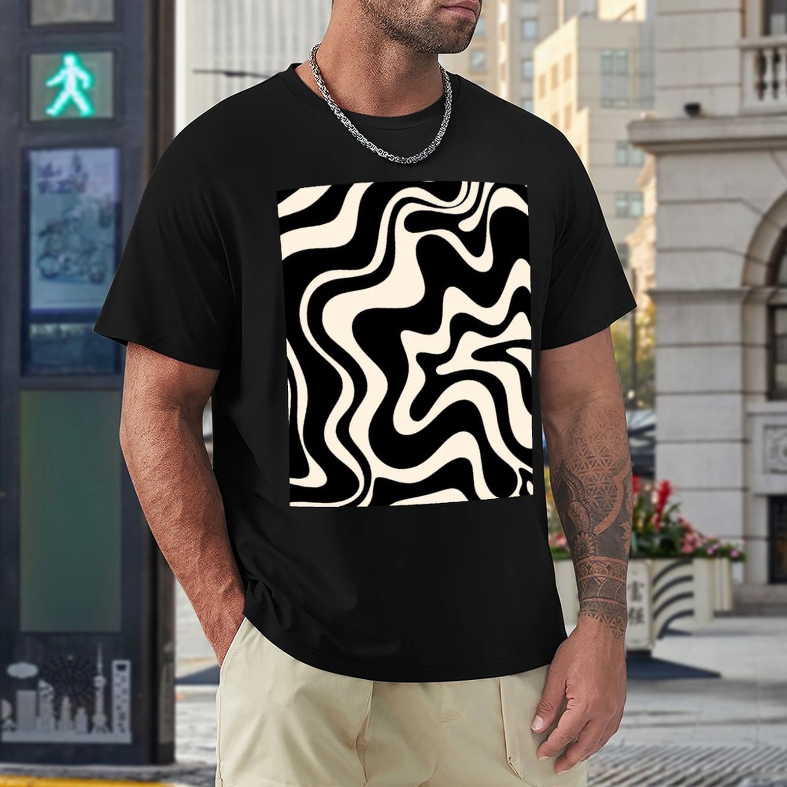 Patrón abstracto de remolino retro líquido en camisetas de color negro y almendras blusa deportiva camisetas de ventilador de deportes